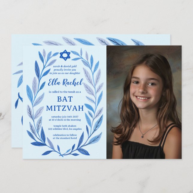Convite PHOTO QR Bat Mitzvah, PERSONALIZADO A Cores Aquáti (Frente/Verso)