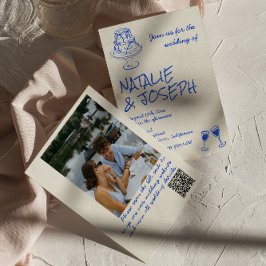 Convite Photo QR Code Hand Drawn Blue Cake Bows Wedding
