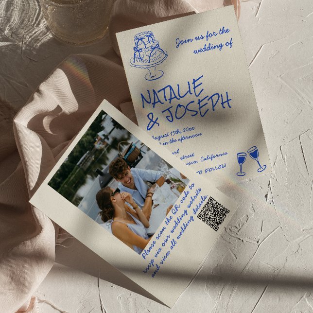 Convite Photo QR Code Hand Drawn Blue Cake Bows Wedding  (Criador carregado)