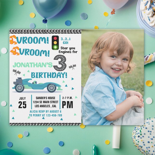 Convite Photo Race Car • 3rd Birthday Racing Party (Criador carregado)