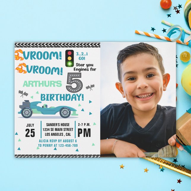 Convite Photo Race Car • 5th Birthday Racing Party (Criador carregado)