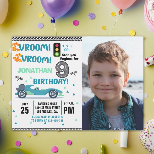 Convite Photo Race Car • 9th Birthday Boy (Criador carregado)