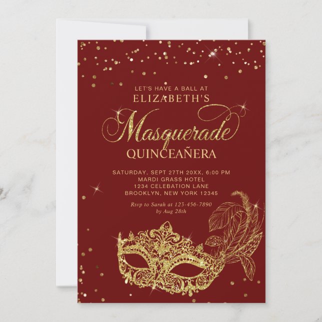 Convite Photo Red Gold Glitter Masquerade Quinceañera (Frente)