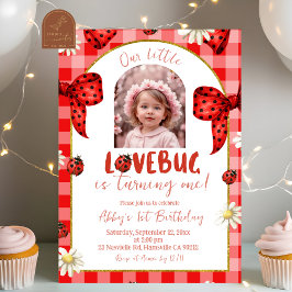 Convite Photo Red Plaid Bow Coquette Lovebug Birthday