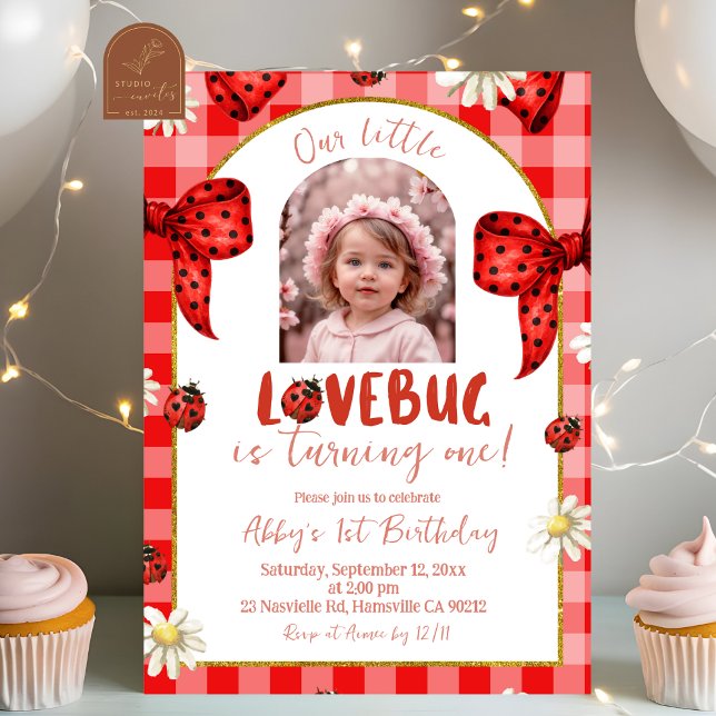 Convite Photo Red Plaid Bow Coquette Lovebug Birthday (Criador carregado)