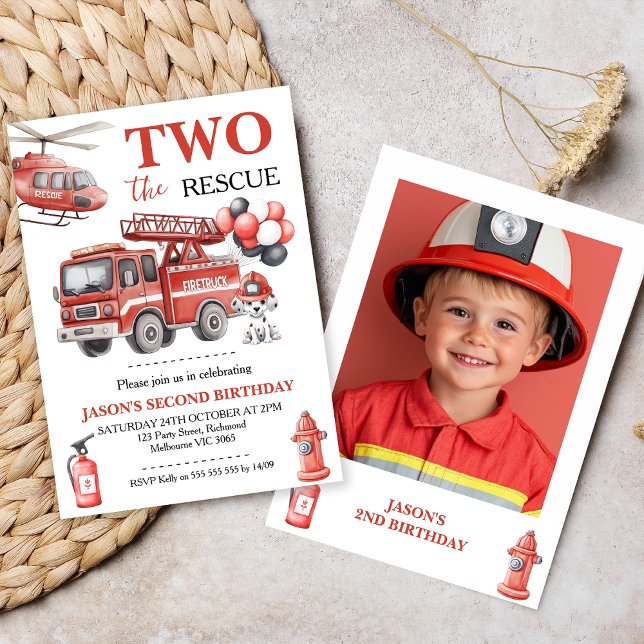 Convite Photo Red Two The Rescue Fire Truck Birthday  (Fire Truck Birthday Invitation, 
Two The Rescue Invitation, Fire Truck Invitation Template,  Photo)