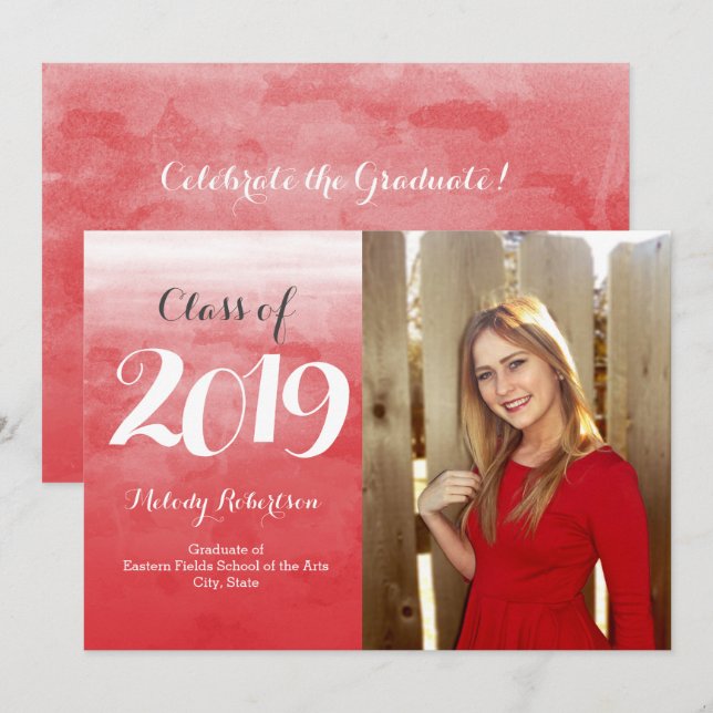 Convite Photo Red Watercolor Classe de Graduação 2019 (Frente/Verso)