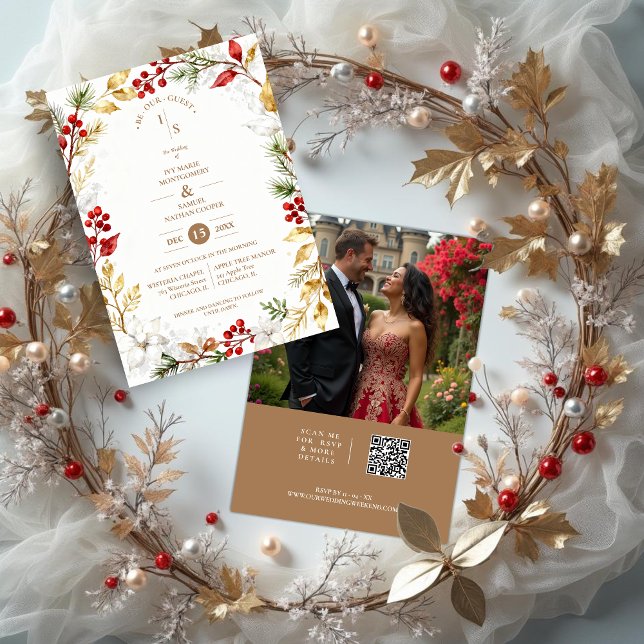 Convite Photo Romantic Winter Nature Frame Wedding (Romantic Winter Nature Frame Wedding Invitation Cards with Photo on Back and Modern QR Code. )