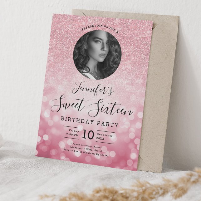 Convite PHOTO Rosa Dourado Glitter Bokeh Sweet 16 (PHOTO Rose Gold Glitter Bokeh Sweet 16 Invitation)