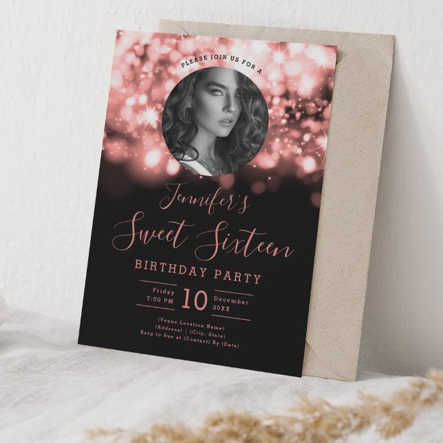 Convite PHOTO Rosa Dourado Hollywood Lights Sweet 16 Party (PHOTO Rose Gold Hollywood Lights Sweet 16 Party Invitation)