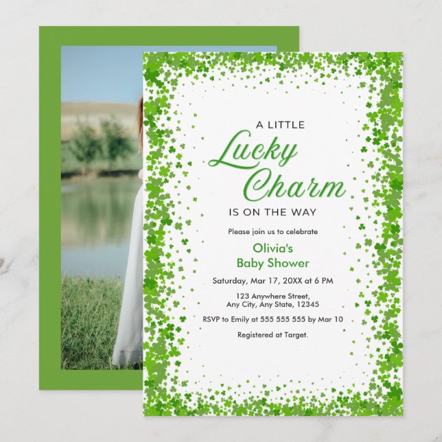 Convite Photo Shamrock A Little Lucky Charm Baby Shower  (Frente/Verso)