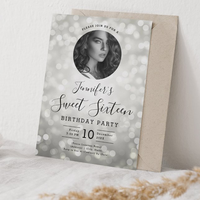 Convite PHOTO Silver Bokeh Lights Sweet 16 Party (PHOTO Silver Bokeh Lights Sweet 16 Party Invitation)