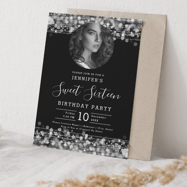 Convite PHOTO Silver Sparkles Sweet 16 Festa de aniversári (PHOTO Silver Sparkles Sweet 16 Birthday Party Invitation)