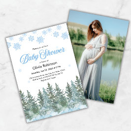 Convite Photo Snowflakes Pine Trees Winter Baby Shower