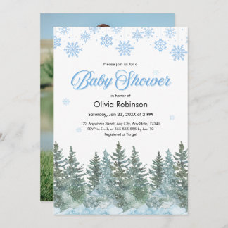 Convite Photo Snowflakes Pine Trees Winter Baby Shower