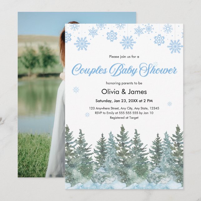 Convite Photo Snowflakes Pine Winter Couples Baby Shower  (Frente/Verso)