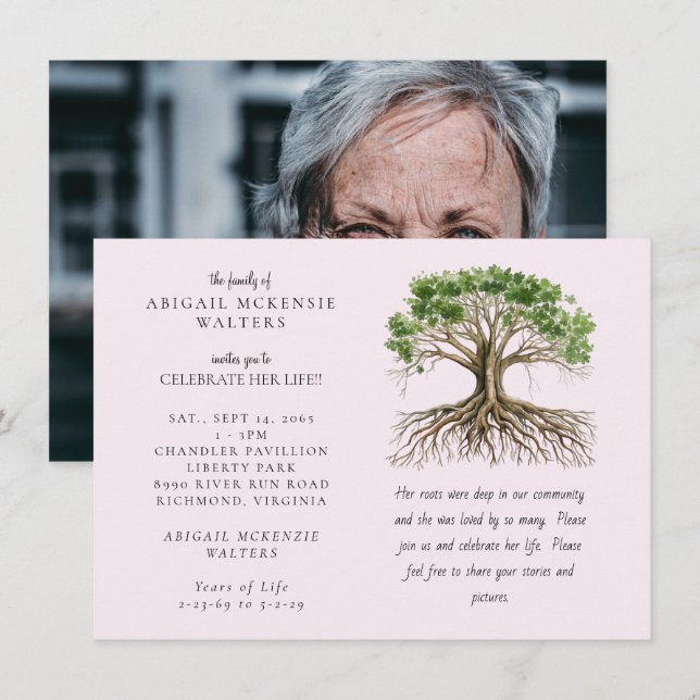 Convite Photo Tree Deep Roots Pink Celebration of LIfe (Frente/Verso)