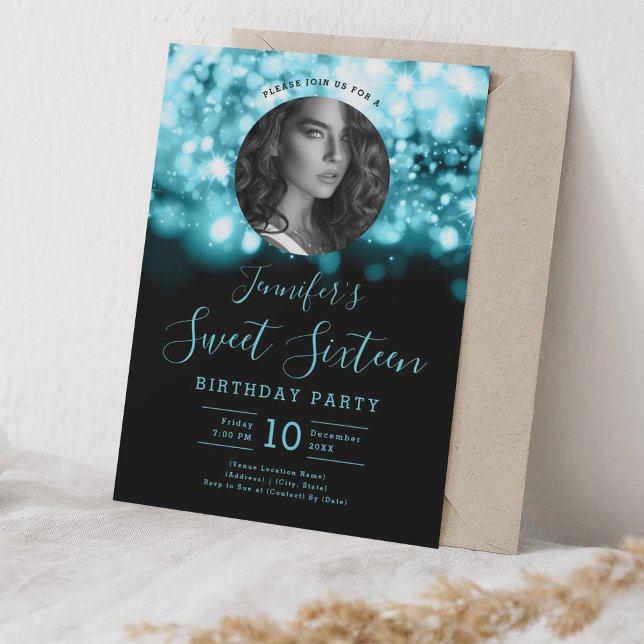 Convite PHOTO Turquoise Hollywood Lights Sweet 16 Party (PHOTO Turquoise Hollywood Lights Sweet 16 Party Invitation)