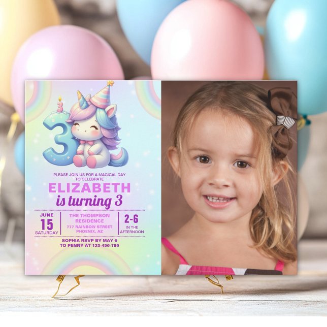 Convite Photo Unicorn 3rd Birthday – Rainbow Girl party (Criador carregado)