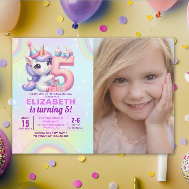 Convite Photo Unicorn 5th Birthday – Rainbow Girl party (Criador carregado)