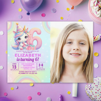 Convite Photo Unicorn 6th Birthday – Rainbow Girl party