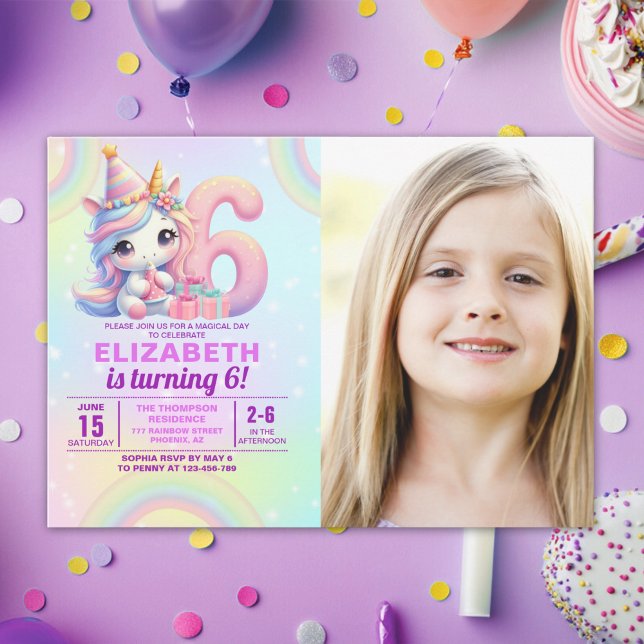 Convite Photo Unicorn 6th Birthday – Rainbow Girl party (Criador carregado)