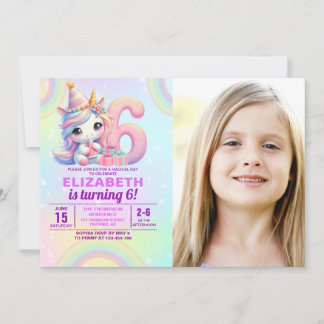 Convite Photo Unicorn 6th Birthday – Rainbow Girl party