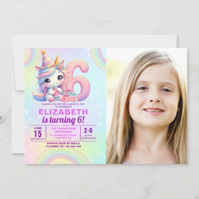 Convite Photo Unicorn 6th Birthday – Rainbow Girl party (Frente)