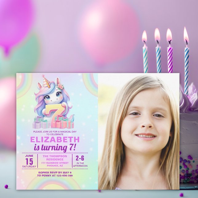 Convite Photo Unicorn 7th Birthday – Rainbow Girl  (Criador carregado)