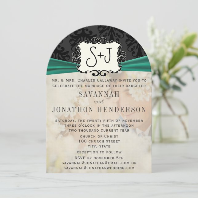 Convite Photo Vintage Damask Emerald Green Black Wedding (Em pé/Frente)