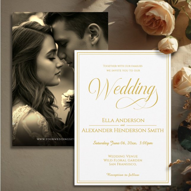 Convite Photo Vintage Wedding Invitation (Cinematic Photo Vintage White Wedding Invitation - paper color/texture will show)