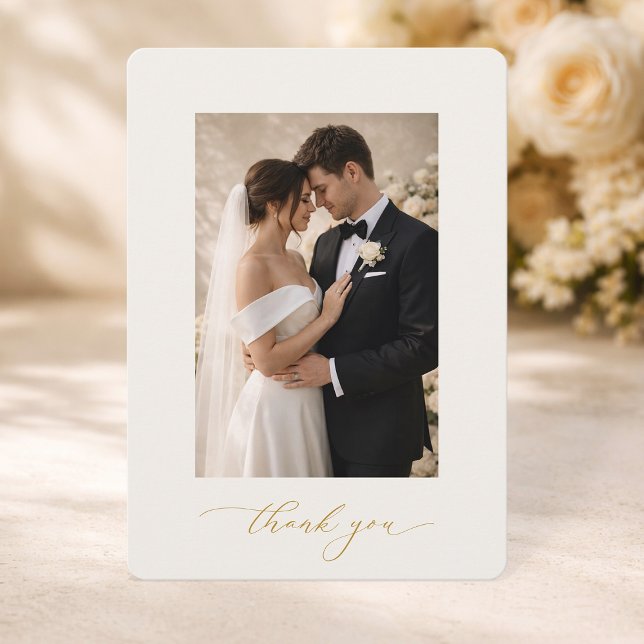 Convite Photo Wedding Thank You Card with Gold Calligraphy (Criador carregado)