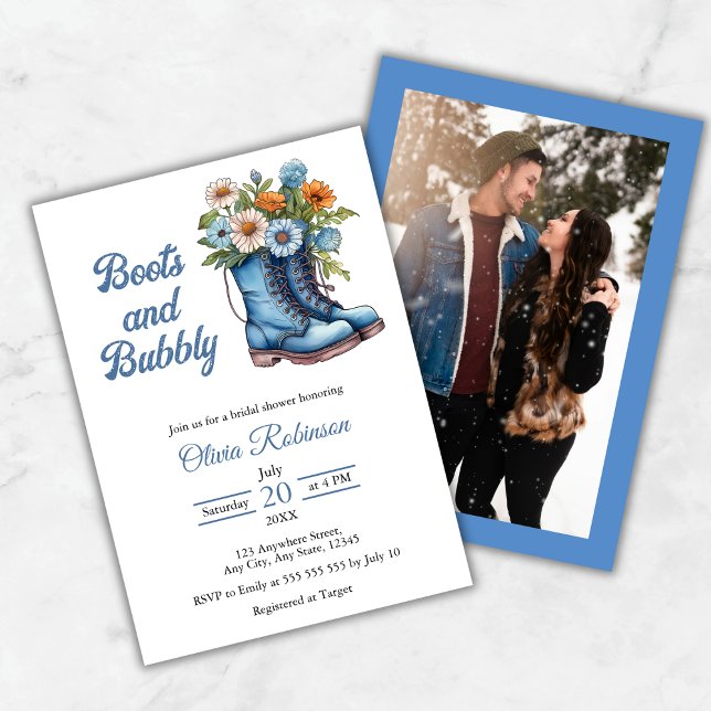 Convite Photo Western Blue Boots & Bubbly Bridal Shower  (Photo Western Blue Boots & Bubbly Bridal Shower Invitation )