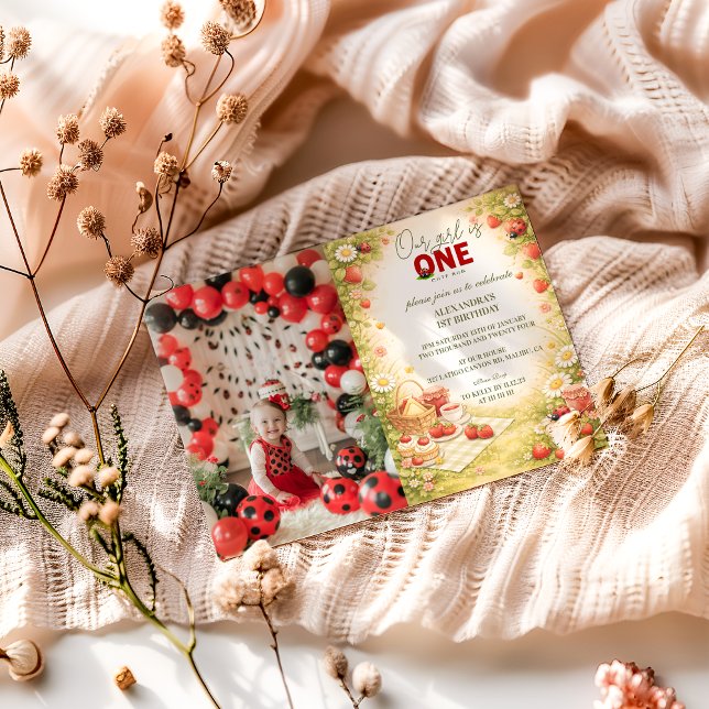 Convite Photo Whimsical Meadow Lady Bug 1st Birthday (Criador carregado)