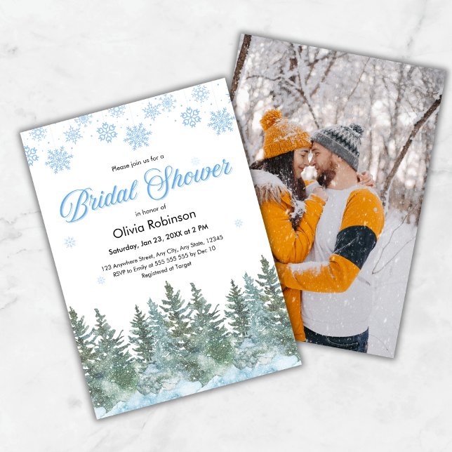 Convite Photo Winter Pine Trees Snowflakes Bridal Shower (Photo Winter Pine Trees Snowflakes Bridal Shower Invitation  )