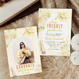 Convite Photo Yellow Stripes Lemons and Flowers Graduation