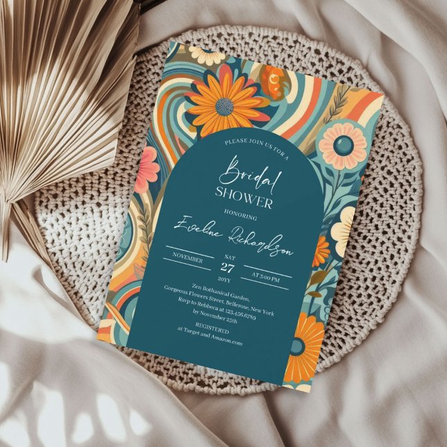 Convite Pia-rosa-laranja-alaranjada (Retro groovy turquoise boho arch orange pink invitation)