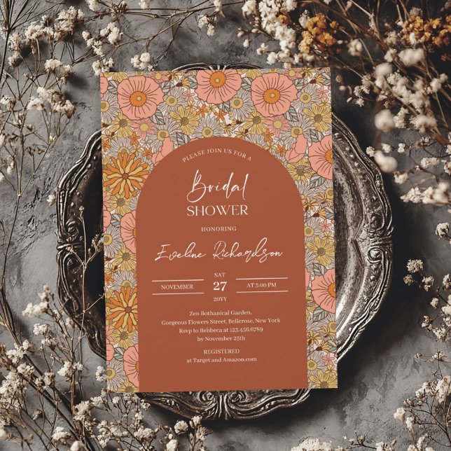 Convite Pia-rosa-laranja-alaranjada (Retro groovy turquoise boho arch orange pink invitation)