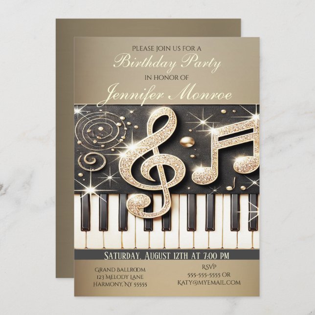 Convite Piano com festa de aniversário Dourada (Frente/Verso)