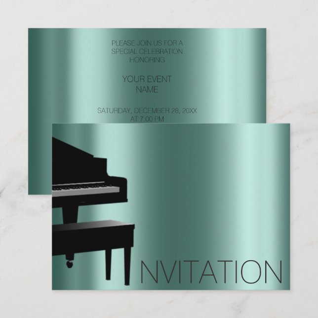 Convite Piano Concert Formal Minimalismo Vip Black Teal (Frente/Verso)