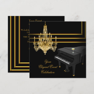 Convite Piano de festa elegante lustre dourado champanhe