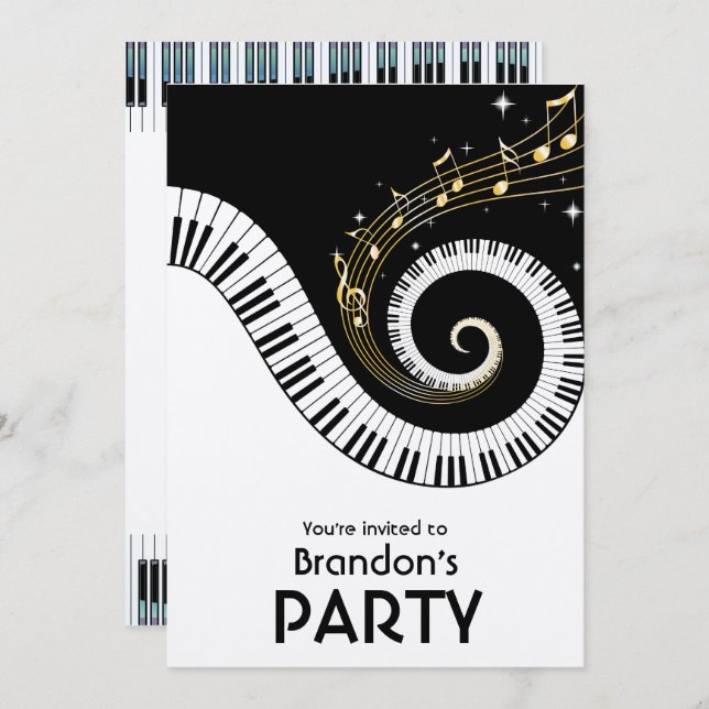 Convite Piano Keys e Dourado Music Notes (Frente/Verso)
