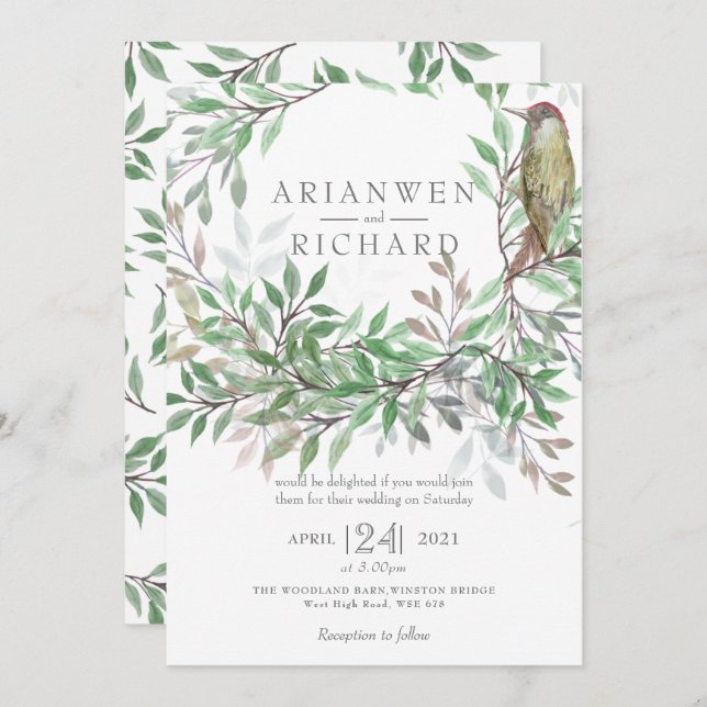 Convite Pica-Pau Foliage Watercolor Invitation, Woodlan (Frente/Verso)