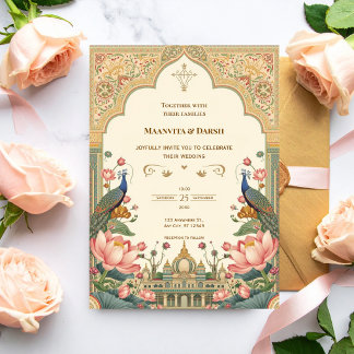 Convite Pichwai Indian Peacock Lotus Wedding Invitation