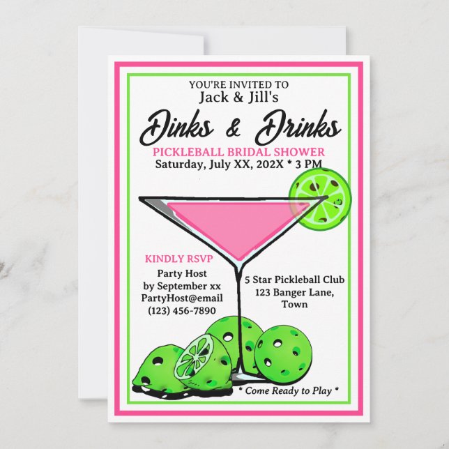 Convite Pickleball Bridal Shower Dinks & Drinks Pink Cosmo (Frente)