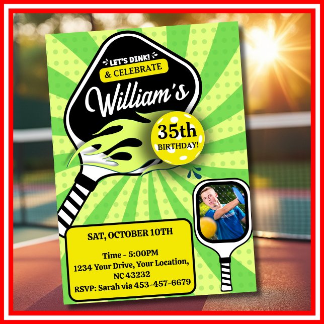 Convite Pickleball RETRO Green Sports FOTO Aniversário (Pickleball RETRO Green Sports PHOTO Birthday Invitation)
