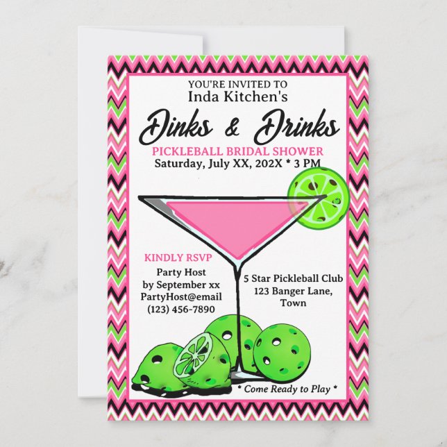Convite Pickleball Shower Dinks & Drinks Pink Chevron (Frente)