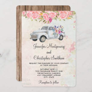 Convite Pickup Truck and Flowers Rustic Watercolor Casamen