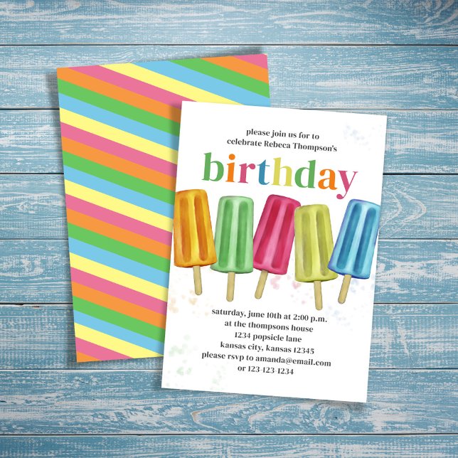 Convite Picles de Festa de aniversário de Verão (Birthday cute colorful popsicle theme invitation. )