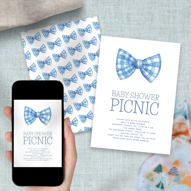 Convite Picnic Blue Gingham Bow Tie Baby Shower (Front and back view)